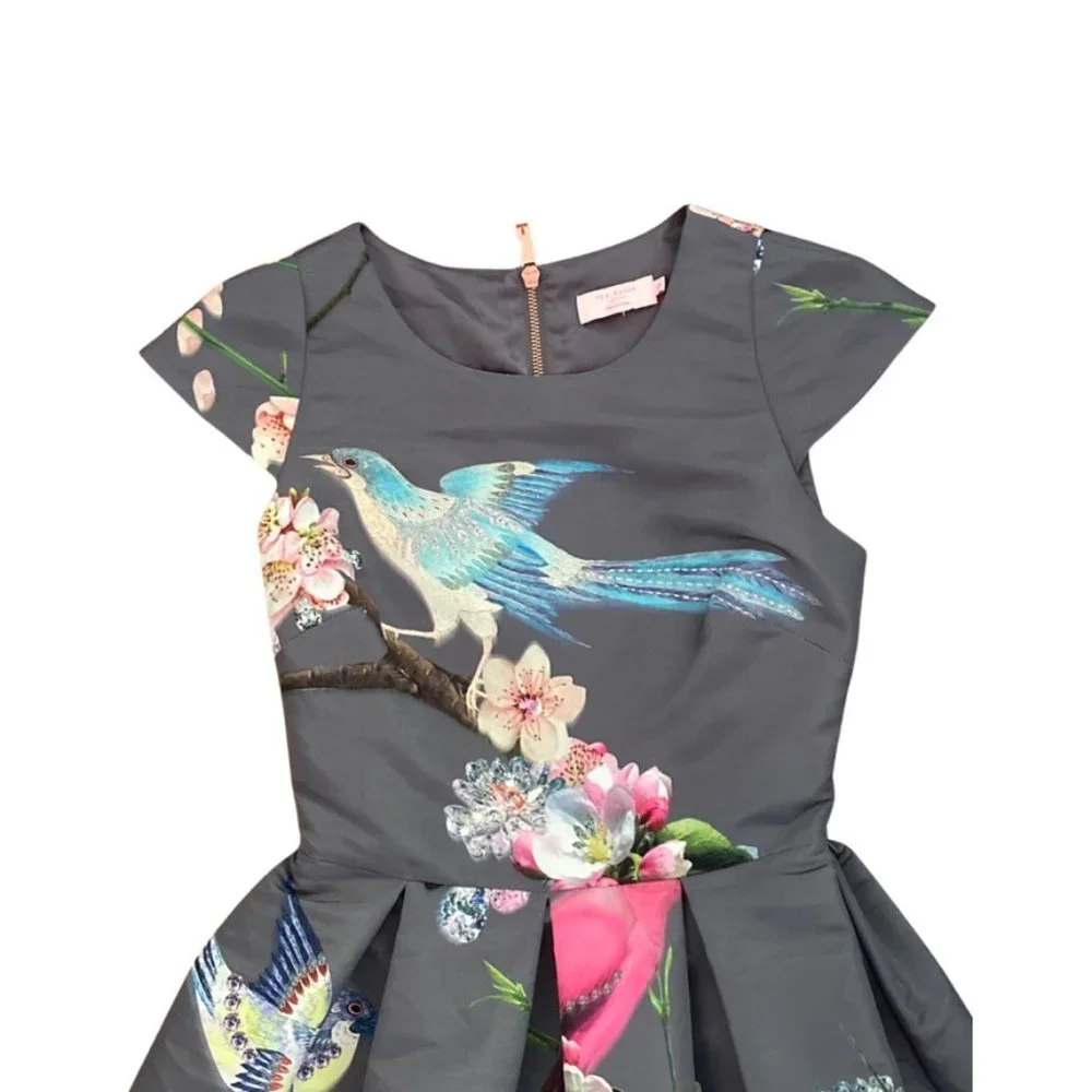 Ted Baker Gray Bir Print Dress Size 0 US size 2 - Picture 5 of 8